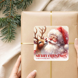 Adesivo Quadrado Personalized Santa and Rudolph Cute Christmas Kids