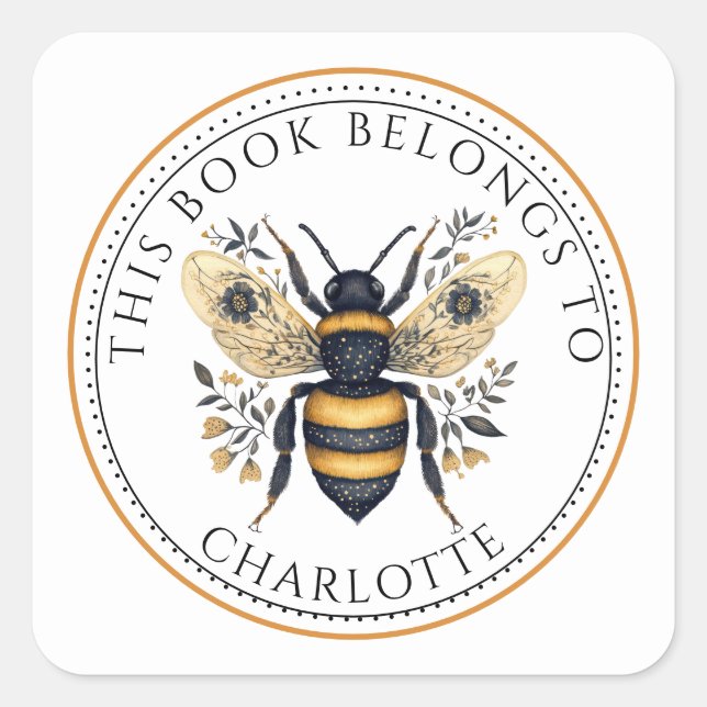 Adesivo Quadrado Personalized This Book Belongs To Floral Bee (Frente)