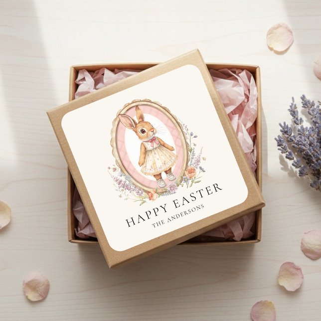 Adesivo Quadrado Personalized Vintage Easter Bunny Custom  (Criador carregado)
