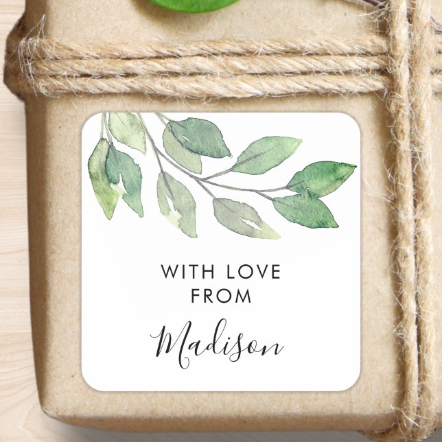 Adesivo Quadrado Personalized Watercolor Greenery (Criador carregado)