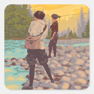Adesivo Quadrado Pesca com mosca das mulheres - Troutdale, Oregon