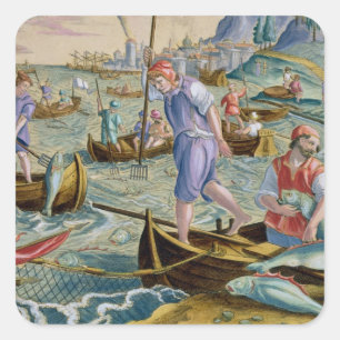 Adesivo Quadrado Pesca com redes e tratores no golfo de Nápoles