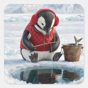 Adesivo Quadrado Pescaria no Gelo de Pinguim em uma Geleira Ártica