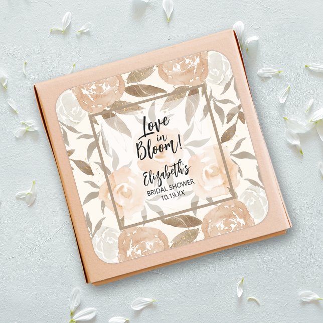 Adesivo Quadrado Pêssego Floral Amor em Flor (Love in Bloom Peach Floral Square 3 inch Stickers)