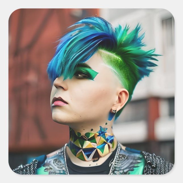 Adesivo Quadrado Pessoa transgênero com Mohawk Azul e Verde (Frente)