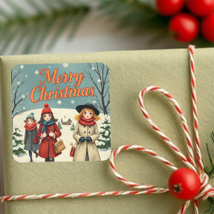 Adesivo Quadrado Pessoas de Ilustração Vintage indo para a Igreja