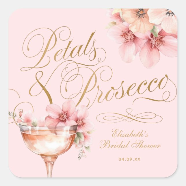 Adesivo Quadrado Pétalas Douradas rosa e Chá de panela Prosecco (Frente)