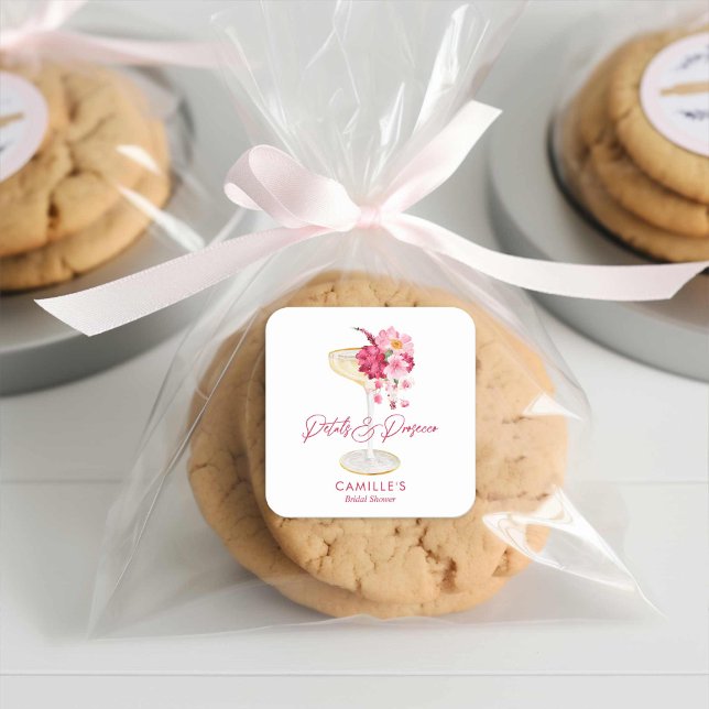 Adesivo Quadrado Pétalas e Prosecco Favor Floral para Chá de Noiva (Champagne Pink Floral Bridal Shower Favor Stickers)