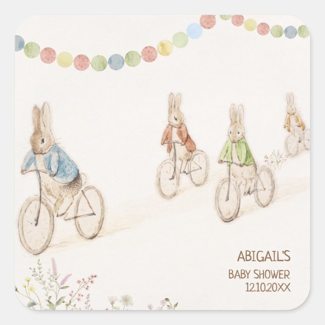 Adesivo Quadrado Peter, o Chá de fraldas neutro do coelho (Frente)