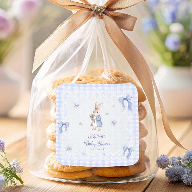 Adesivo Quadrado Peter Rabbit Blue Gingham Baby Shower Thank You (Criador carregado)