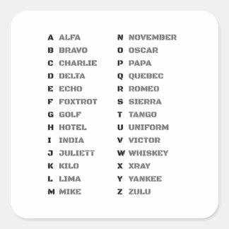 Adesivo Quadrado Phonetic Alphabet for the Military ALFA-ZULU