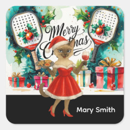 Adesivo Quadrado Pickleball Natal temático para Amantes de Gatos