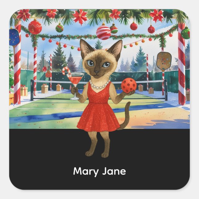 Adesivo Quadrado Pickleball Natal temático para Amantes de Gatos (Frente)