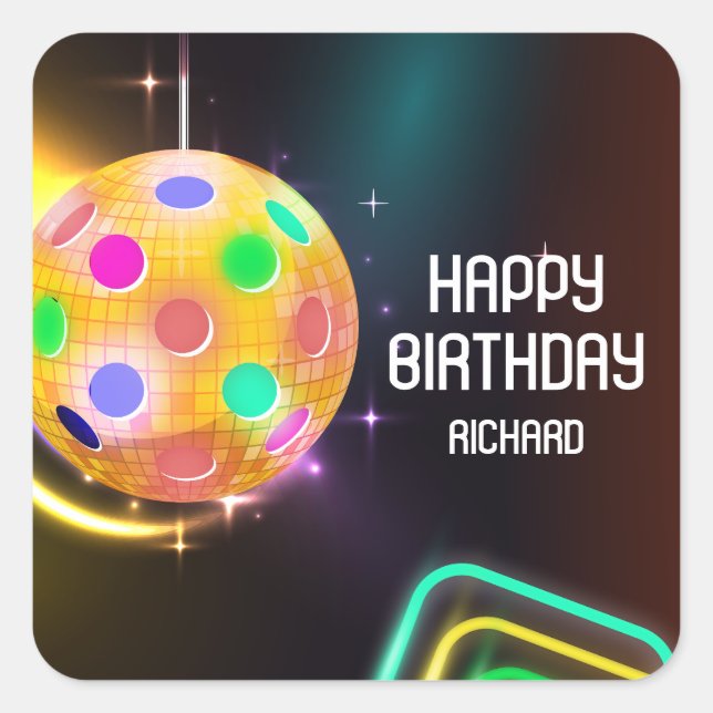 Adesivo Quadrado Pickleball Sports Neon Theme Disco Party (Frente)