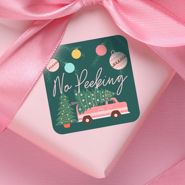 Adesivo Quadrado Pico verde de Natal Rosa sem Pequim (No Peeking Vintage Pink Christmas Van Green Square Square Sticker)