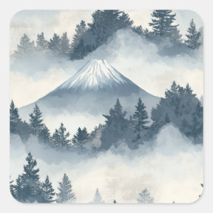 Adesivo Quadrado Picos Nebulosos – Paisagem Montanhosa em Aquarela