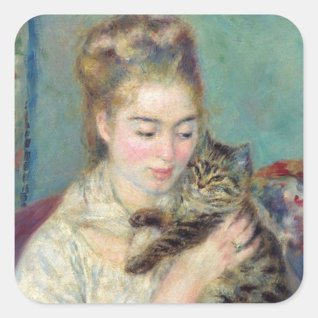 Adesivo Quadrado Pierre-Auguste Renoir - Mulher com gato (Frente)