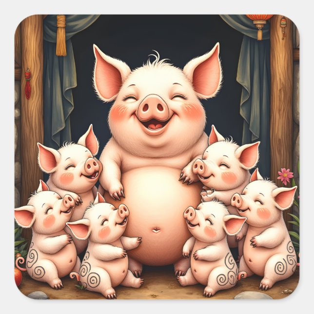 Adesivo Quadrado  Pig Art – Mother & Piglets (Frente)