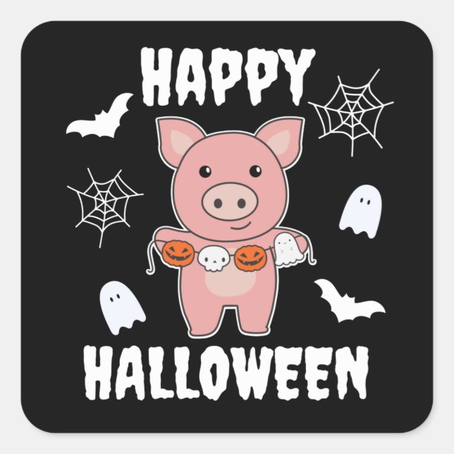 Adesivo Quadrado Pig Happy Halloween Pumpkin Bat Costume Square Sti (Frente)