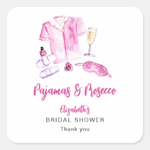 Adesivo Quadrado Pijamas e Prosecco Chá de Noiva Rosa Personalizado