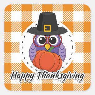 Adesivo Quadrado Pilgrim Owl em Orange Xadrez - Feliz Ação de Graça
