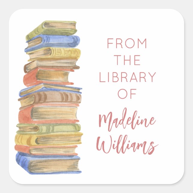Adesivo Quadrado Pilha de Livro da Biblioteca de Nomes (Frente)