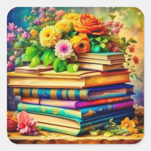 Adesivo Quadrado Pilha de Livros Vintage e Flores Bonito