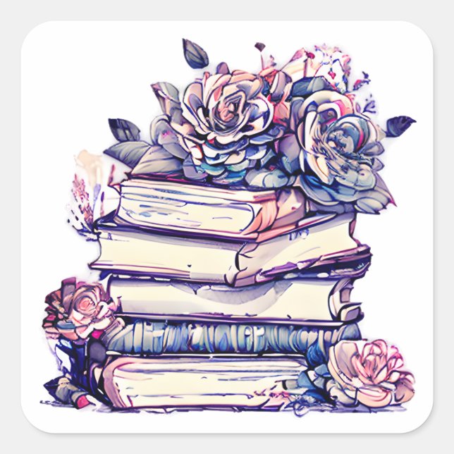 Adesivo Quadrado Pilha de Rosas e livros antigos (Frente)