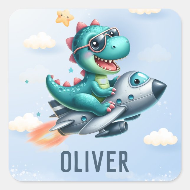 Adesivo Quadrado Piloto Cute Dino Trex Voando Aeronaves Jet (Frente)