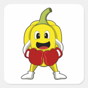 Adesivo Quadrado Pimenta como Boxer com luvas em caixa