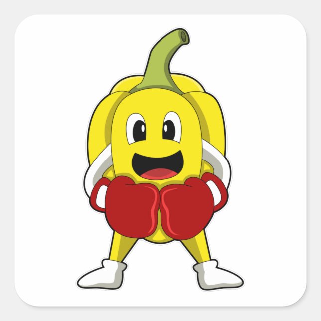 Adesivo Quadrado Pimenta como Boxer com luvas em caixa (Frente)