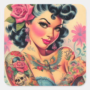 Adesivo Quadrado Pin-up de Cuta Retro Tatuado