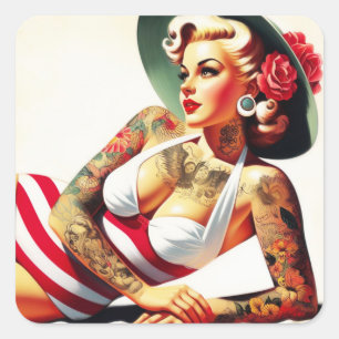 Adesivo Quadrado Pin-up de maiô com tatuagem retrô