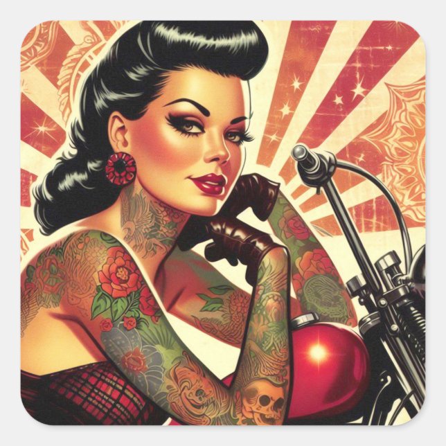 Adesivo Quadrado Pin-up do Biker Retro (Frente)