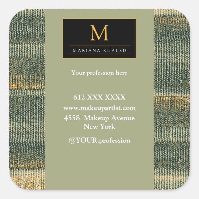 Adesivo Quadrado Pincel Verde Elegante com ouro e preto (Frente)