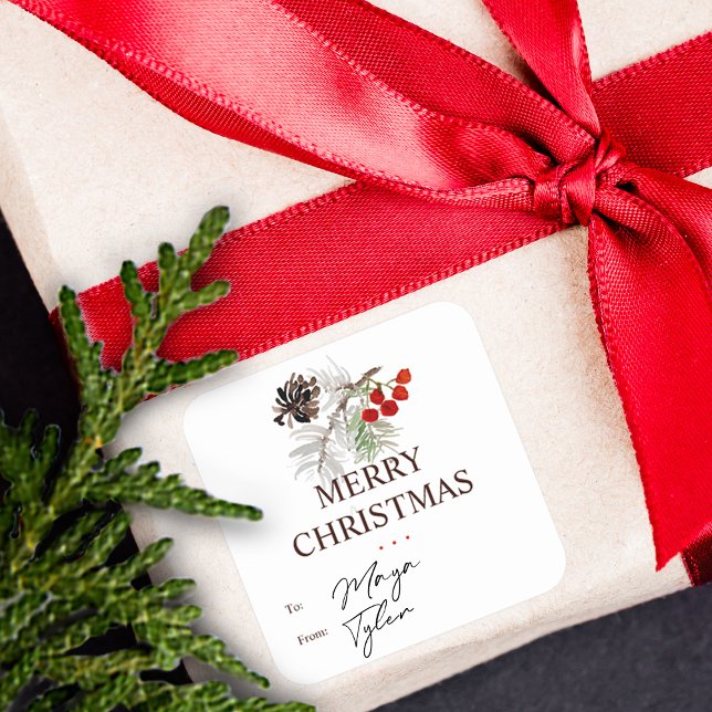 Adesivo Quadrado Pine Cone Berries de e para (Christmas Watercolor Pine Cone Berries TO and FROM Square Sticker)