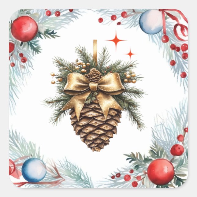 Adesivo Quadrado Pine Cone Cercado Por Fio E Ornamentos (Frente)