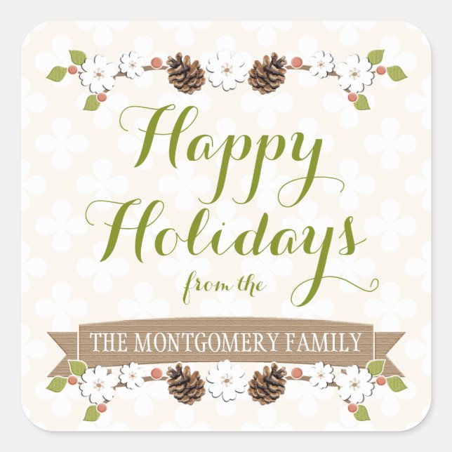 Adesivo Quadrado Pine Cone e Flor Laurel com Berries (Frente)