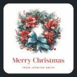 Adesivo Quadrado Pine Wreath com Holly Christmas<br><div class="desc">Vinhetas com bonito coroa de Natal. Uma imagem festiva com um pínus corado com flores vermelhas,  holly e um adorável arco azul. Que encantador.</div>