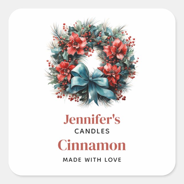 Adesivo Quadrado Pine Wreath com Holly Christmas Candle Crafting (Frente)