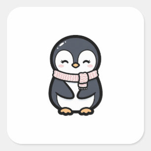 Adesivo Quadrado Pinguim Aconchegante – Ilustração de Animal Kawaii