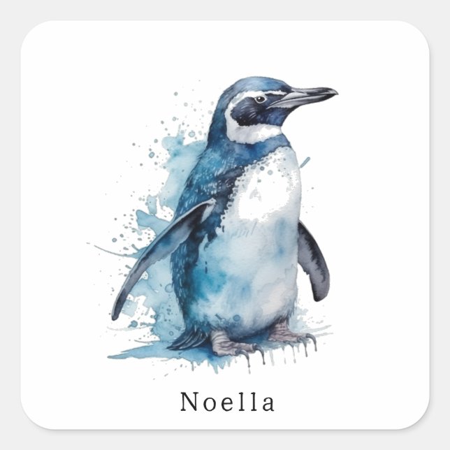 Adesivo Quadrado Pinguim Aquarela Ártico Azure, personalizado (Frente)