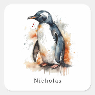 Adesivo Quadrado Pinguim Aquarela Tons de Pôr do Sol, personalizado