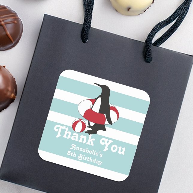 Adesivo Quadrado Pinguim Azul Claro Obrigado Festa De Aniversário d (Criador carregado)