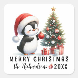 Adesivo Quadrado Pinguim bonitinho no Papai Noel Feliz Natal