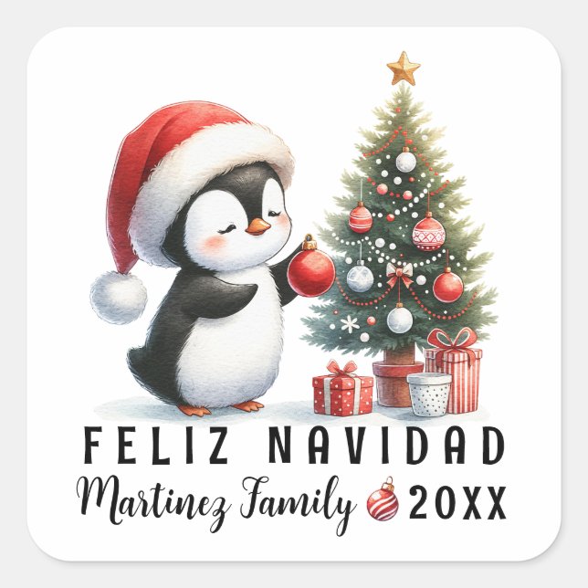 Adesivo Quadrado Pinguim bonito em Santa Hat Feliz Navidad (Frente)