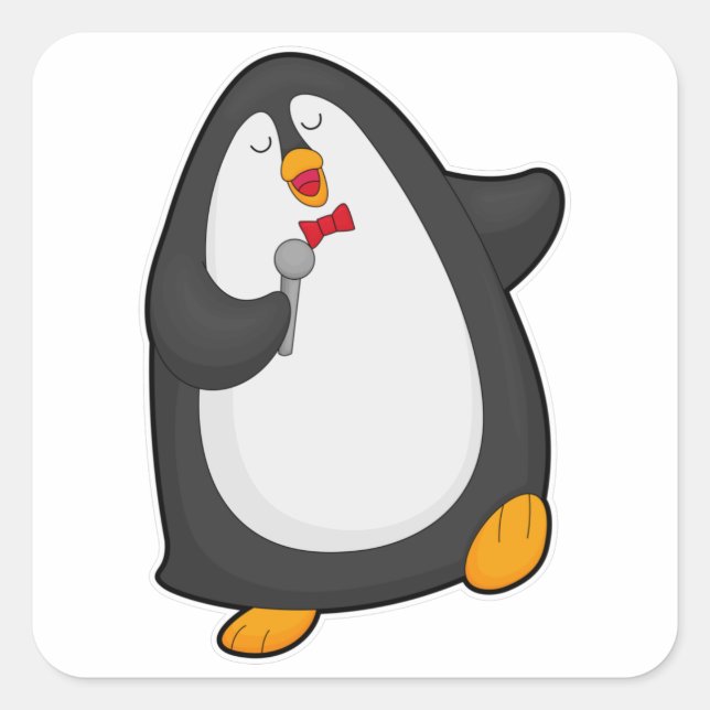 Adesivo Quadrado Pinguim cantando com microfone e gravata (Frente)