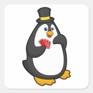 Adesivo Quadrado Pinguim com chapéu no Poker com cartões Poker