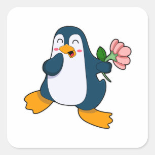 Adesivo Quadrado Pinguim com Flor rosa
