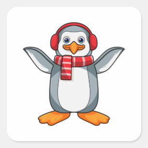 Adesivo Quadrado Pinguim com Scarf e fone de ouvido